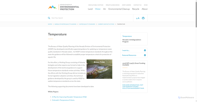 Security scan screenshot of https://ndep.nv.gov/water/rivers-streams-lakes/water-quality-standards/current-and-past-actions/temperature