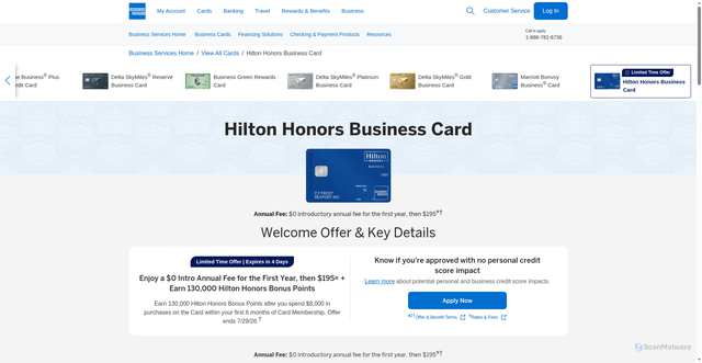 Security scan screenshot of https://creditcardoptimizer.com/go/amex-biz-hilton?source=catalog