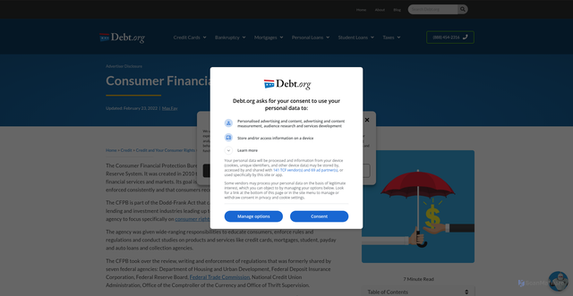 Security scan screenshot of https://www.debt.org/credit/your-consumer-rights/financial-protection-bureau/