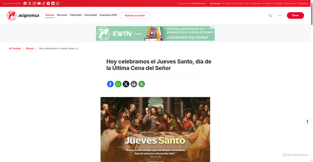 Security scan screenshot of https://www.aciprensa.com/noticias/54979/jueves-santo-dia-de-la-ultima-cena-del-senor