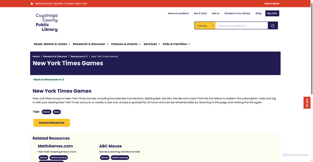 Security scan screenshot of https://cuyahogalibrary.org/research-discover/resources-a-z/new-york-times-games