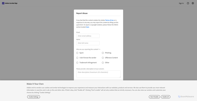 Security scan screenshot of https://na2.documents.adobe.com/public/reportAbuseForm?tsid=CBFCIBAACBSCTBABDUAAABACAABAALIbcKP4TMPOj68uAXJItWncJgYvse9xuG-T2Uer9YSTuLWmhz-_AEfE4l9K9HzlOeemsrmUgprPa78XPh2D69ZMQsVFIYBGfjMe2PGzwy9Wk0lOAkBmXjKX_tNjjUl8A