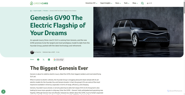 Security scan screenshot of https://www.greencars.com/expert-insights/genesis-gv90-the-electric-flagship-of-your-dreams