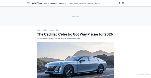 Security scan screenshot of https://www.motor1.com/news/777643/2026-cadillac-celestiq-price-increase/