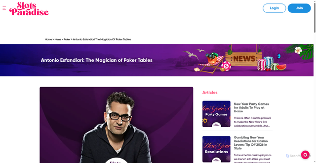Security scan screenshot of https://slotsparadise.com/news/poker/antonio-esfandiari-the-magician-of-poker-tables/
