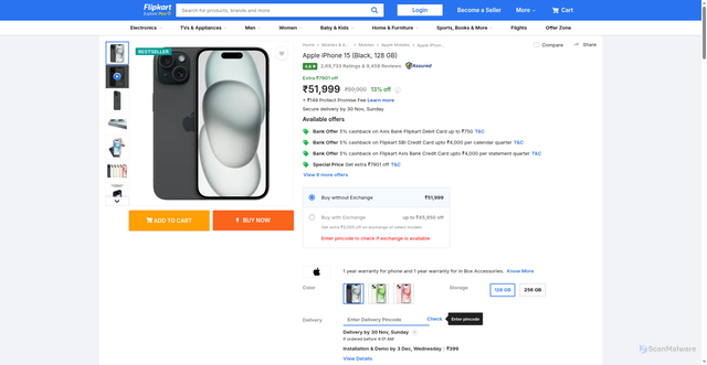 Security scan screenshot of https://www.flipkart.com/apple-iphone-15-black-128-gb/p/itm6ac6485515ae4