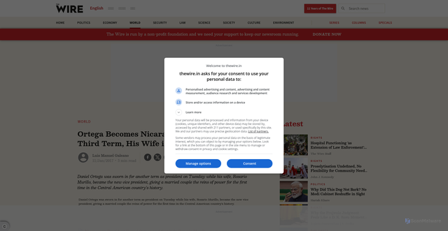 Security scan screenshot of https://m.thewire.in/article/world/daniel-ortega-nicaragua-elections-president