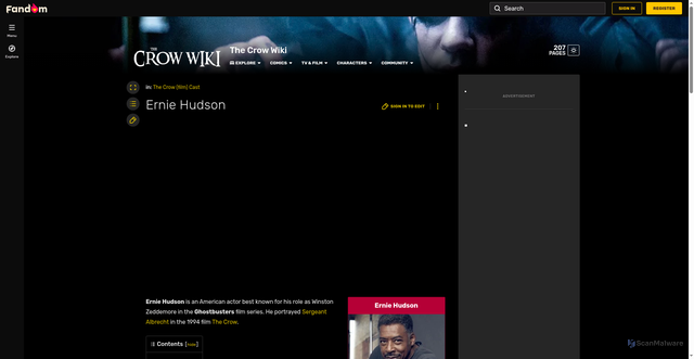Security scan screenshot of https://thecrow.fandom.com/wiki/Ernie_Hudson