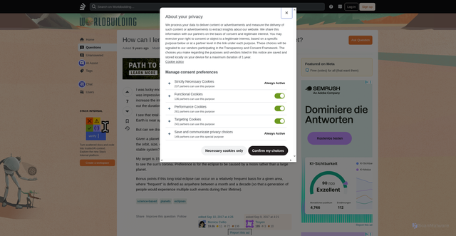 Security scan screenshot of https://worldbuilding.stackexchange.com/questions/91384/how-can-i-lengthen-a-total-solar-eclipse-on-an-earth-like-planet