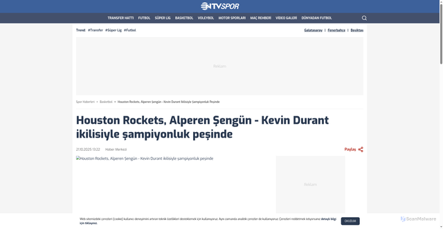 Security scan screenshot of https://www.ntvspor.net/basketbol/houston-rockets-alperen-sengun-kevin-durant-ikilisiyle-sampiyonluk-pesinde-411489