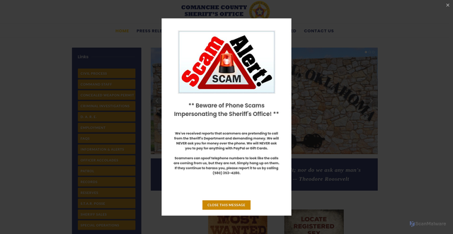 Security scan screenshot of http://sheriffcomanche.com/