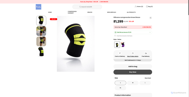 Security scan screenshot of https://snickfit.store/Silicone-compression-knee-Brace/catalogue/fbkH7oSv/DphmP0Rm