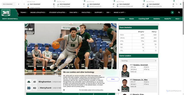 Security scan screenshot of https://binghamtonbearcats.com/news/2025/12/20/mens-basketball-mens-basketball-dropped-by-lakers-82-61.aspx