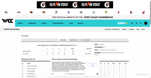 Security scan screenshot of https://wccsports.com/boxscore.aspx?id=7ltyipP022aUJKmSgYVs3wXi7up73ghniwD5ElWyd07J7BNseBaMQePf0fY%2F3yUPfXBtuSQaHsZKklV8rqmV7hUmiwHcRYyznIGbGIBYCZiw1KVbGhJ%2FDkCQ7EC1sV%2BaGUS%2Be4sEbF%2FmvsjaeJc5UUGGCPwA3%2FTwbGFw%2FbGBcHo%3D&path=wbball