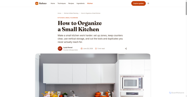 Security scan screenshot of https://rafuxo.pages.dev/how-to-organize-a-small-kitchen/