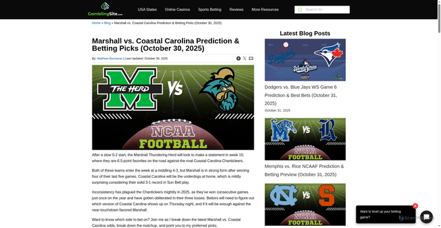 Security scan screenshot of https://www.gamblingsite.com/blog/marshall-vs-coastal-carolina-prediction-10-30-2025/