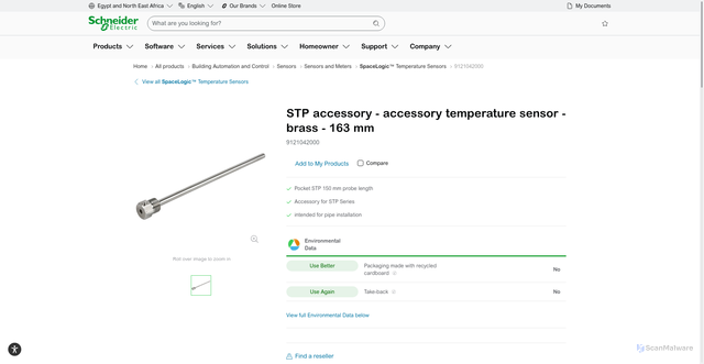 Security scan screenshot of https://www.se.com/eg/en/product/9121042000/stp-accessory-accessory-temperature-sensor-brass-163-mm/