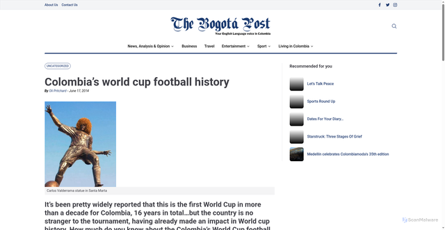 Security scan screenshot of https://thebogotapost.com/colombia-a-chequered-history/2055/