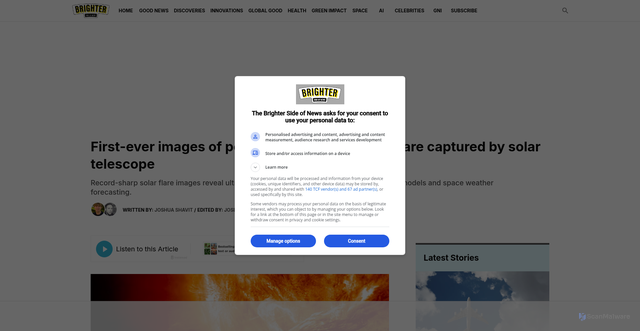 Security scan screenshot of https://www.thebrighterside.news/post/first-ever-images-of-powerful-x1-3-class-solar-flare-captured-by-solar-telescope/