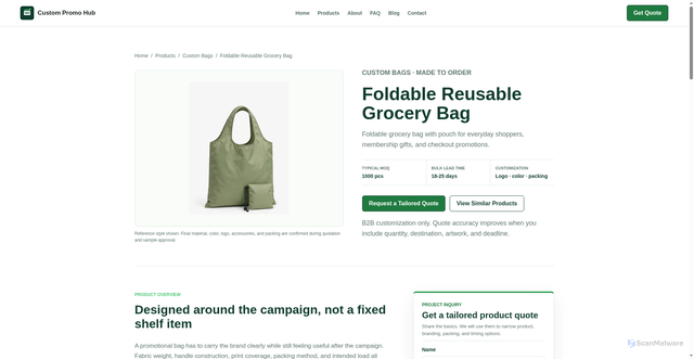 Security scan screenshot of https://custompromohub.pages.dev/products/foldable-reusable-grocery-bag/