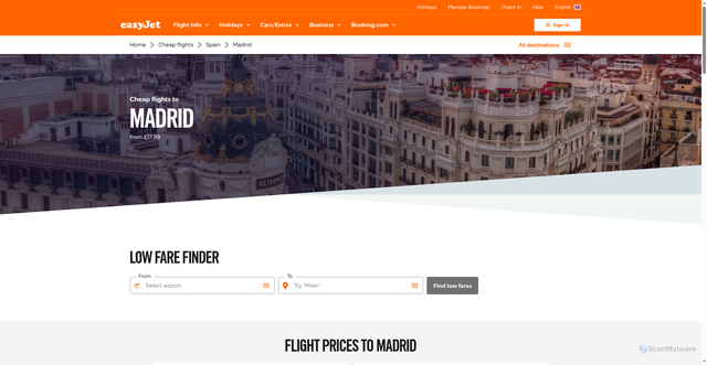 Security scan screenshot of https://www.easyjet.com/en/cheap-flights/spain/madrid