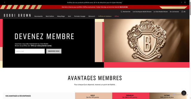 Security scan screenshot of https://www.bobbibrowncosmetics.fr/loyalty-program/bobbibrownclub?_gl=1%2A1wgh1p3%2A_up%2AMQ..%2A_gs%2AMQ..&gclid=Cj0KCQjw8eTFBhCXARIsAIkiuOw83eKt3I4RScuHJNM6DXUhOD8xphCGUBHE2weQG-43UTpNUtFwqacaAjixEALw_wcB&gbraid=0AAAAADjzQpekTLj9V4GE4HwDMRN9RIOps&lid=0utyuyla5qfh