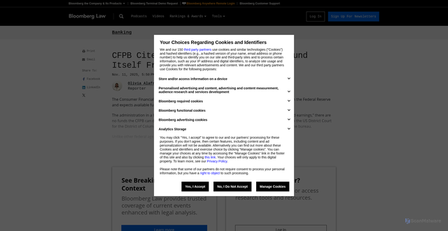 Security scan screenshot of https://news.bgov.com/banking-law/cfpb-cites-doj-in-claiming-it-cant-fund-itself-from-fed-pool