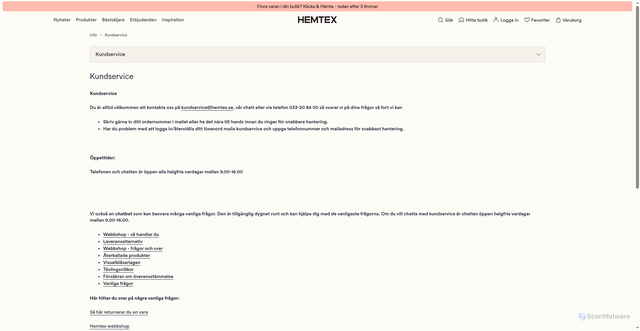 Security scan screenshot of https://www.hemtex.se/info/kundservice?utm_source=Voyado&utm_medium=email&utm_campaign=SE_V_E_M_20260913_Sun_Xtra&eclub=NbTja3QYu5NQIW3bUqSoydrYX20_l_fzLhdOdxmL6yZEOtdHv9Ej864iOpbXhLUzIV_0t-HJaZ8SXvz7GTfP4-McZRPTRG4KhbqRySaR6AZ4njujrZ3rYo5XWbSkESr59nX6dn8a2fQ-ELTB7PGyclUFsRBj5-8cPq5LKIroI7xC9b7ho5y56H9DXMVEc98dxAzfjolxIw_Ht9PYL9GkmA&vtid=d6suaLenG06uMa2SADjWYw