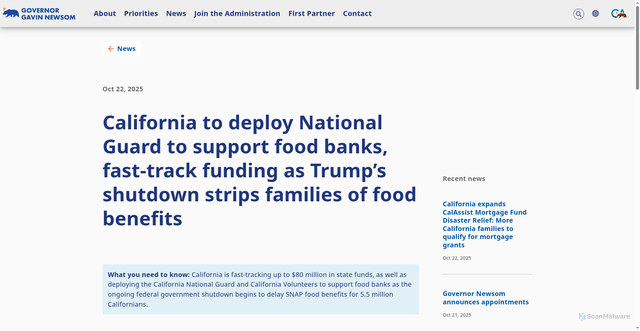 Security scan screenshot of https://www.gov.ca.gov/2025/10/22/california-to-deploy-national-guard-to-support-food-banks-fast-track-funding-as-trumps-shutdown-strips-families-of-food-benefits/