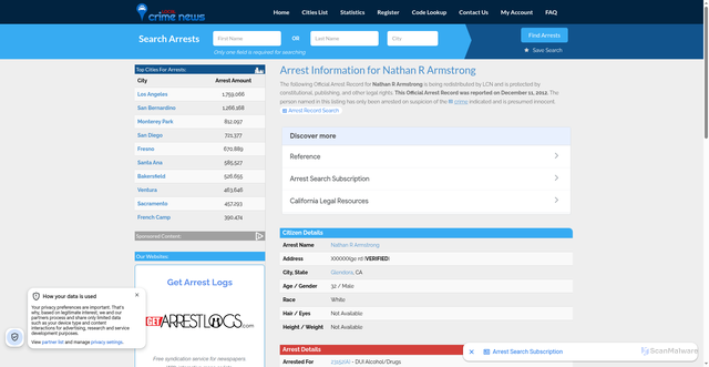 Security scan screenshot of https://www.localcrimenews.com/welcome/detail/53466225/nathan-r-armstrong-arrest.html