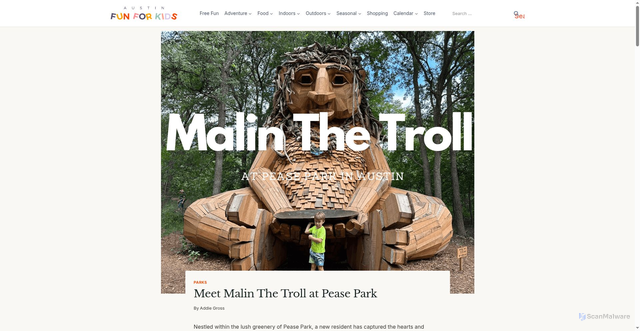 Security scan screenshot of https://austinfunforkids.com/meet-malin-the-troll-at-pease-park/