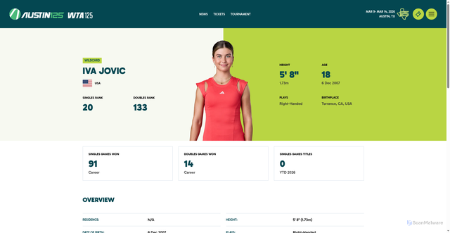 Security scan screenshot of https://austin125.com/players/iva-jovic/