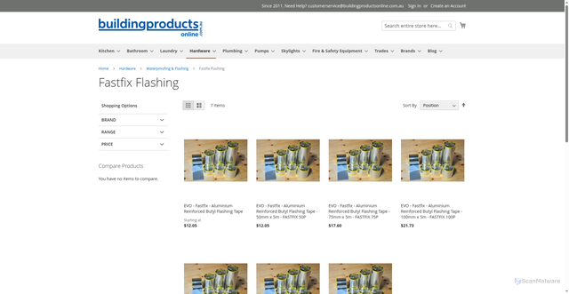 Security scan screenshot of https://buildingproductsonline.com.au/hardware/waterproofing-flashing/fastfix/