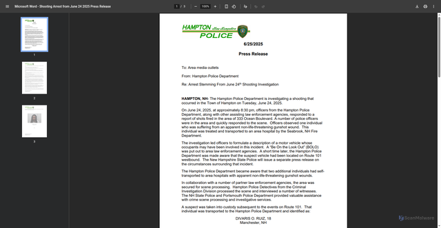 Security scan screenshot of https://www.hamptonnhpd.gov/DocumentCenter/View/10089/Shooting-Arrest-from-06242025-PDF