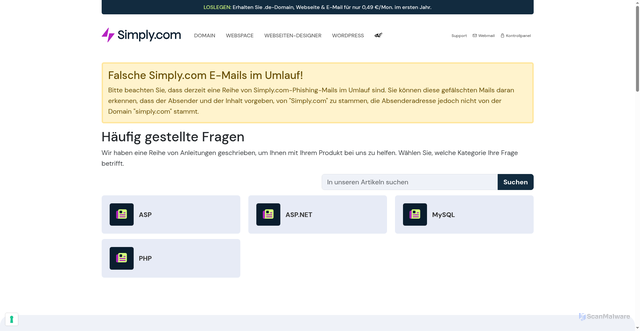 Security scan screenshot of https://www.simply.com/de/support/