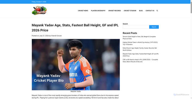 Security scan screenshot of https://cricplayersbio.com/mayank-yadav/