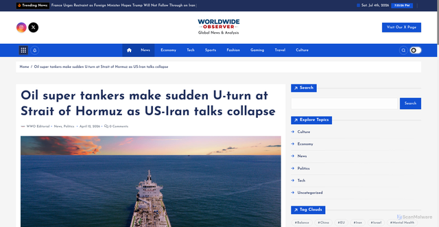 Security scan screenshot of https://worldwideobserver.com/2026/04/12/oil-super-tankers-make-sudden-u-turn-at-strait-of-hormuz-as-us-iran-talks-collapse/