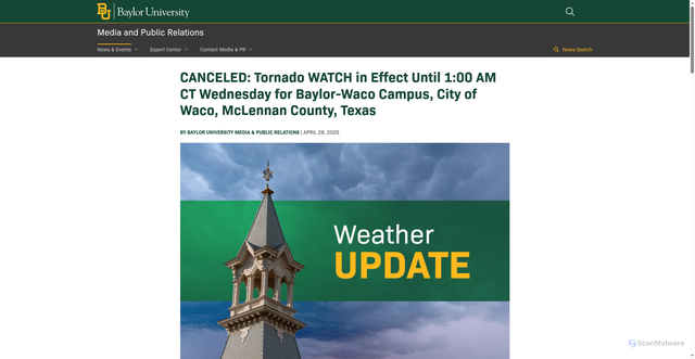 Security scan screenshot of https://news.web.baylor.edu/news/story/2026/canceled-tornado-watch-effect-until-100-am-ct-wednesday-baylor-waco-campus-city