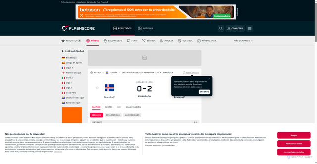 Security scan screenshot of https://www.flashscore.pe/partido/futbol/francia-G0E4tMc9/islandia-ziYx1IA7/