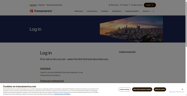 Security scan screenshot of https://www.transamerica.com/login