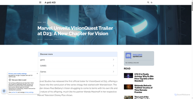 Security scan screenshot of https://www.a90skid.com/marvel-unveils-visionquest-trailer-at-d23-a-new-chapter-for-vision/
