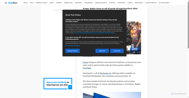 Security scan screenshot of https://www.indystar.com/story/money/2025/09/29/kroger-family-stores-to-sell-all-goods-through-doordash-marianos-ralphs-fred-meyer-harris-teeter/86424768007/