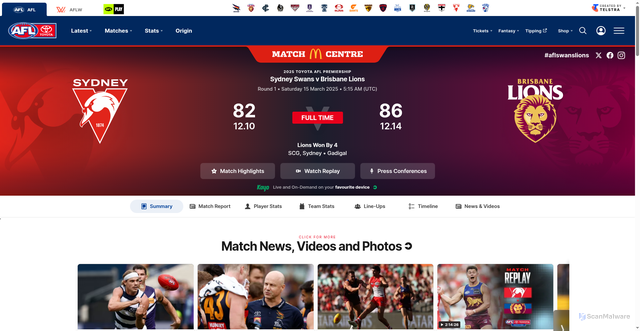 Security scan screenshot of https://www.afl.com.au/afl/matches/6969