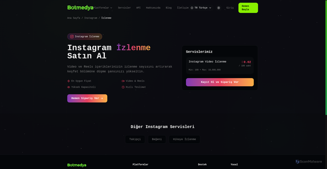 Security scan screenshot of http://botmedya.com/instagram/izlenme