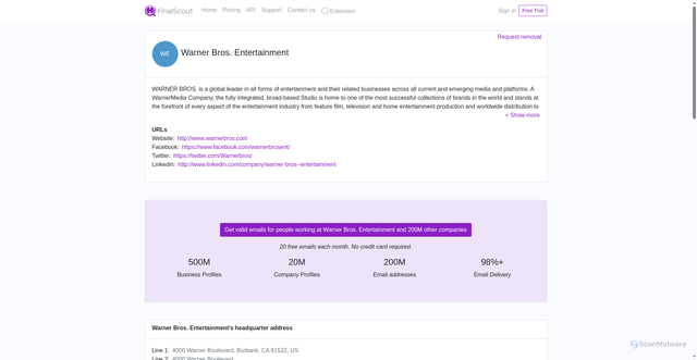 Security scan screenshot of https://finalscout.com/company/warner_bros_entertainment
