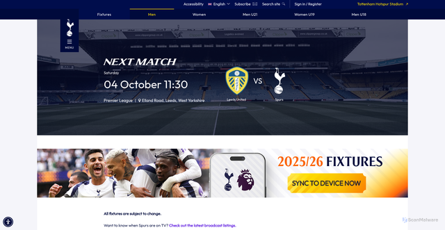 Security scan screenshot of https://www.tottenhamhotspur.com/fixtures/men/