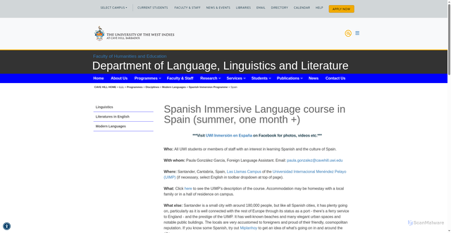 Security scan screenshot of https://www.cavehill.uwi.edu/fhe-lll/programmes/disciplines/modern-languages/spanish-immersion-programme/spain/