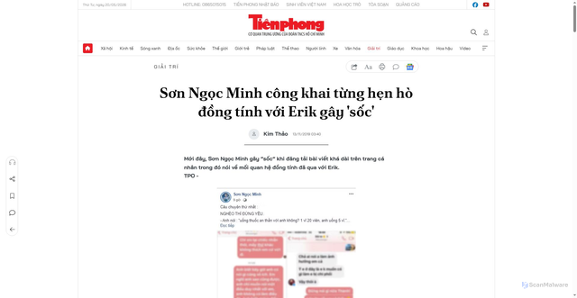 Security scan screenshot of https://tienphong.vn/son-ngoc-minh-cong-khai-tung-hen-ho-dong-tinh-voi-erik-gay-soc-post1149798.tpo