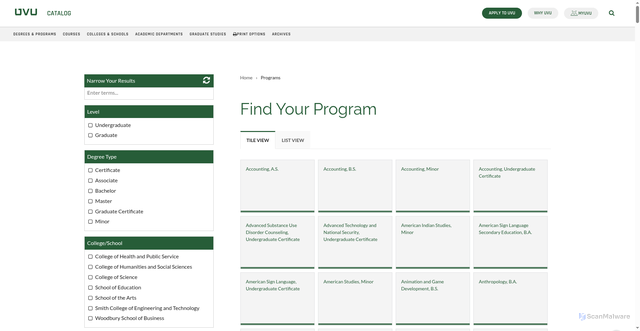 Security scan screenshot of https://catalog.uvu.edu/programs/