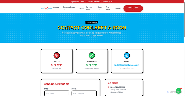 Security scan screenshot of https://lp260329-0248-coolbest-aircon-8s6o3h-yishun.pages.dev/contact/